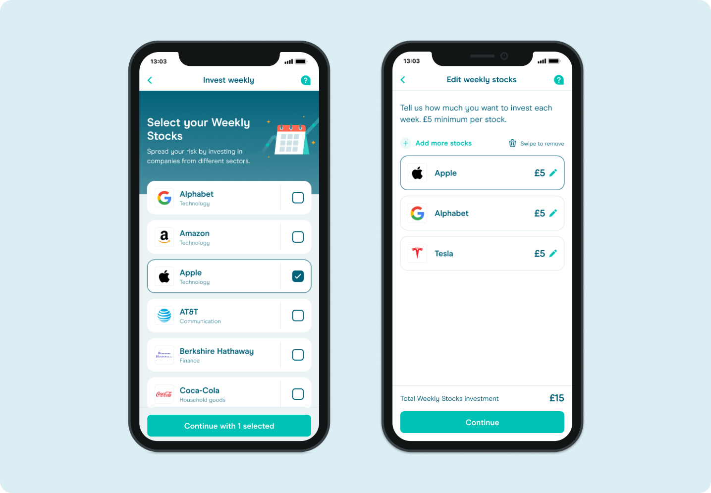 Moneybox app screens showing stock selection interface